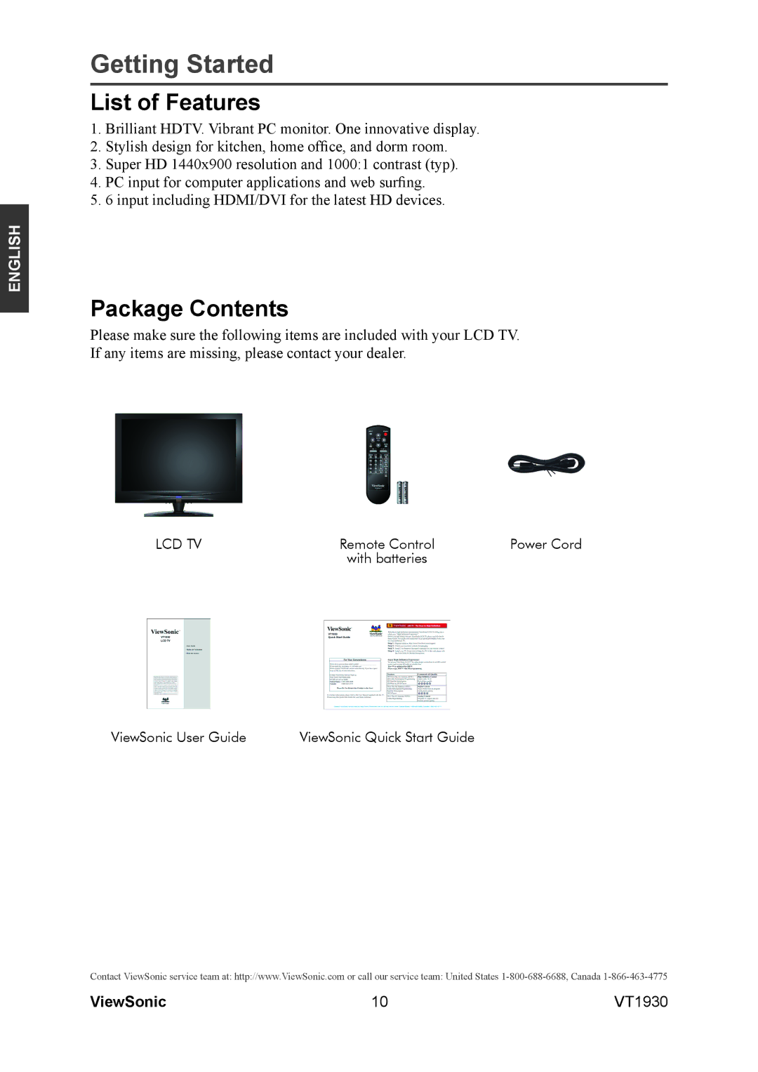 ViewSonic VS12115-3M warranty List of Features, Package Contents 