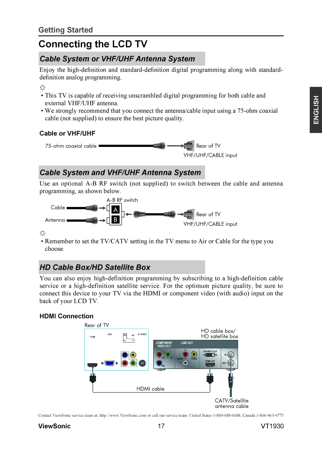 ViewSonic VS12115-3M warranty Connecting the LCD TV, Cable System or VHF/UHF Antenna System, HD Cable Box/HD Satellite Box 