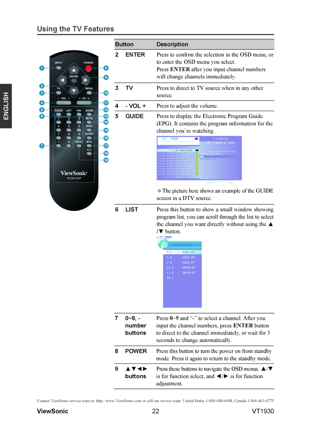 ViewSonic VS12115-3M warranty Number, Buttons 