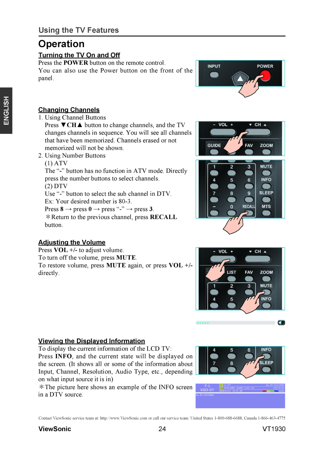 ViewSonic VS12115-3M warranty Operation, Turning the TV On and Off, Changing Channels, Adjusting the Volume 