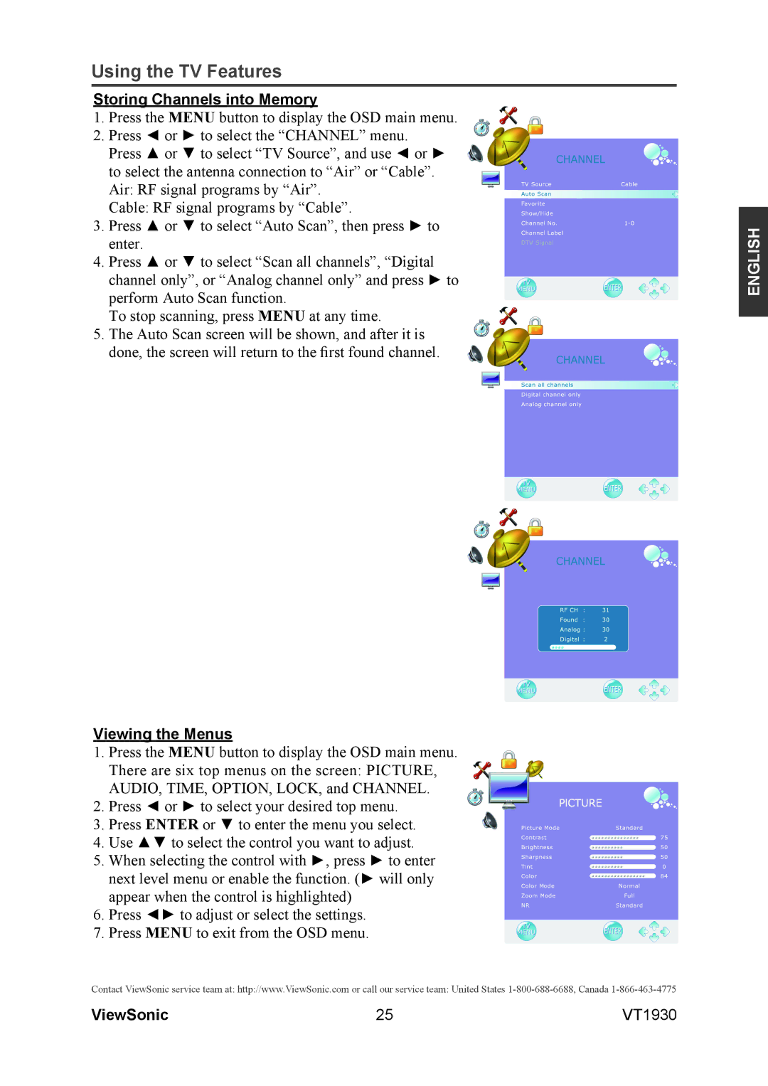 ViewSonic VS12115-3M warranty Storing Channels into Memory, Viewing the Menus 