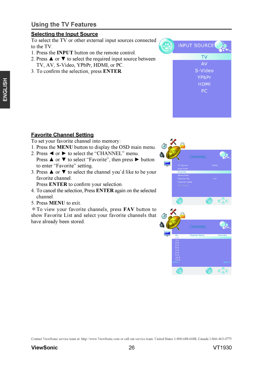 ViewSonic VS12115-3M warranty Selecting the Input Source, Favorite Channel Setting 