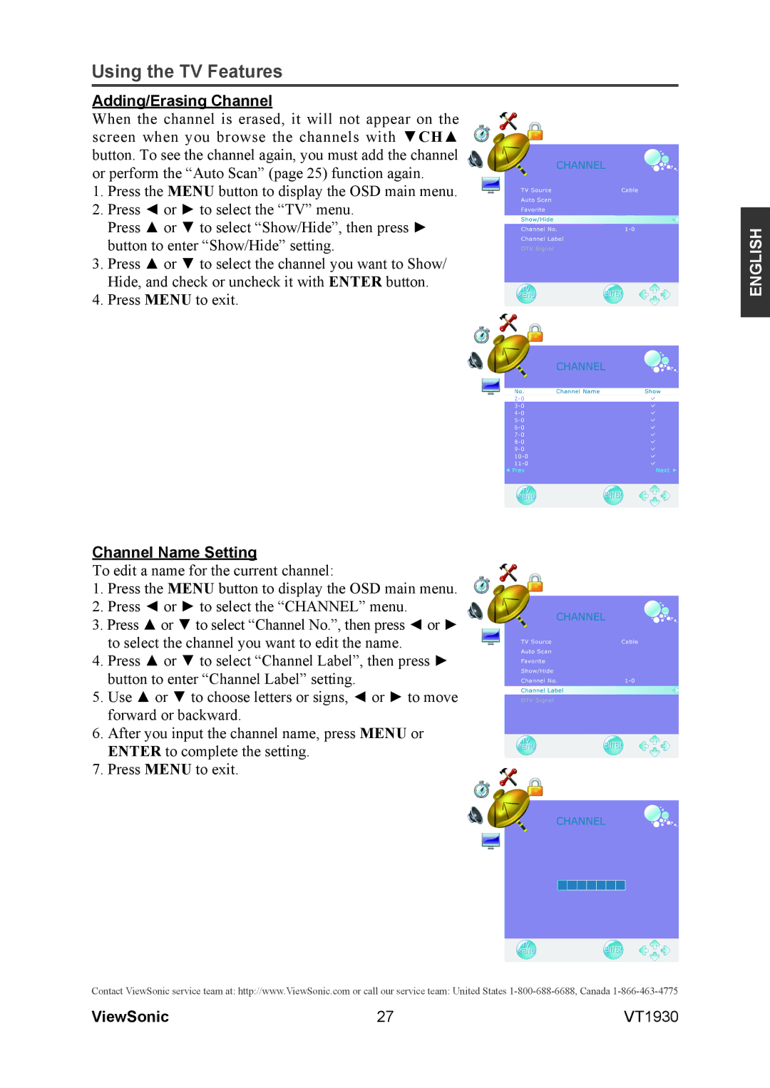 ViewSonic VS12115-3M warranty Adding/Erasing Channel, Channel Name Setting 