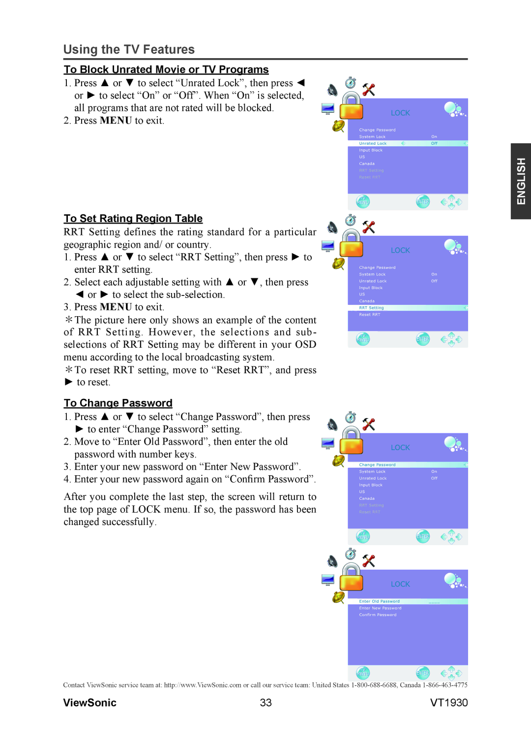 ViewSonic VS12115-3M warranty To Block Unrated Movie or TV Programs, To Set Rating Region Table, To Change Password 