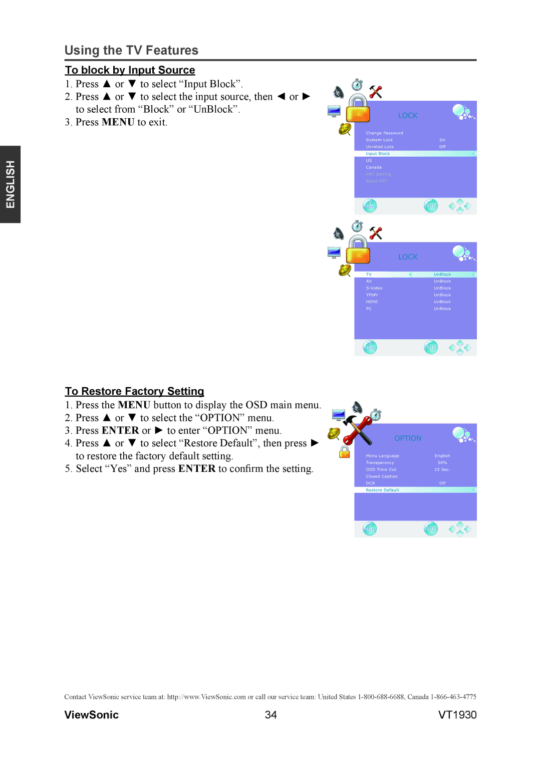 ViewSonic VS12115-3M warranty To block by Input Source, To Restore Factory Setting 