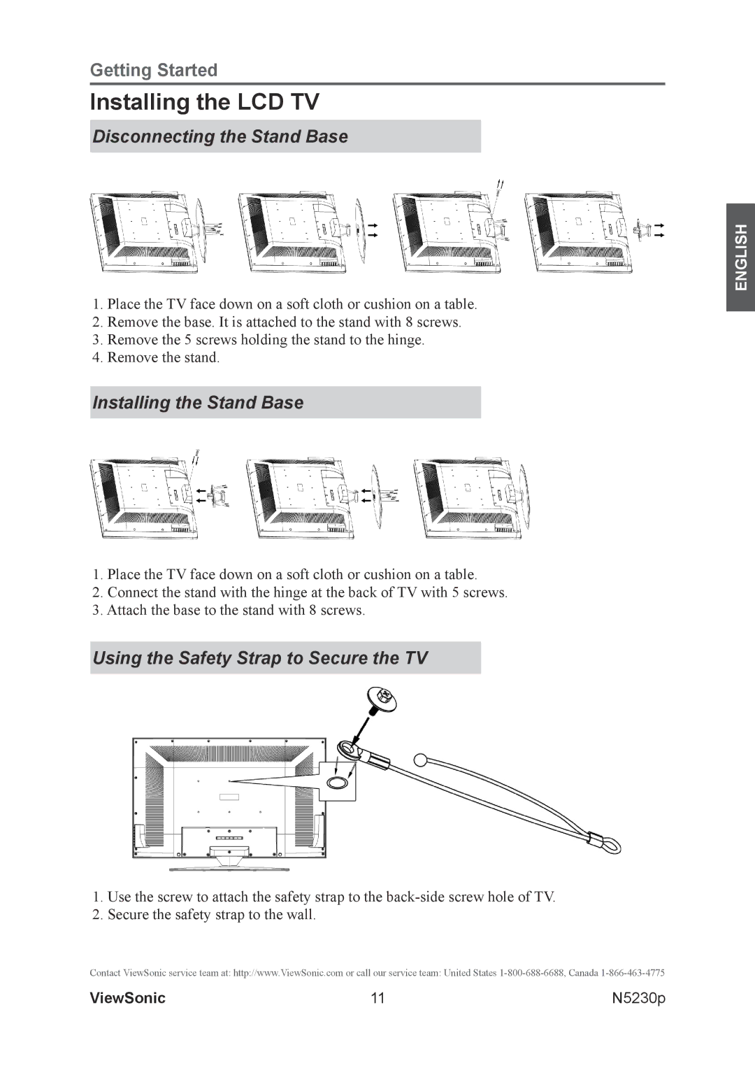 ViewSonic VS12117-1M warranty Installing the LCD TV, Disconnecting the Stand Base, Installing the Stand Base 