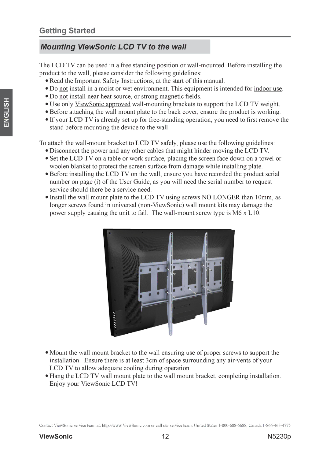 ViewSonic VS12117-1M warranty Mounting ViewSonic LCD TV to the wall 