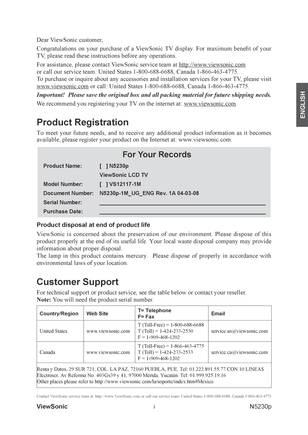 ViewSonic VS12117-1M warranty Product Registration, Customer Support, Product disposal at end of product life, ViewSonic 