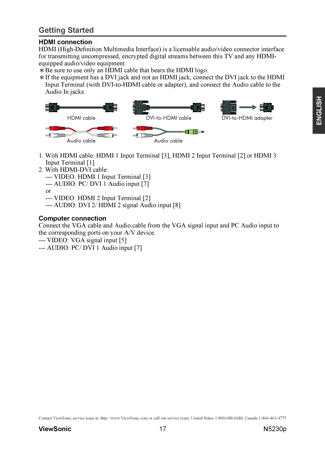 ViewSonic VS12117-1M warranty Hdmi connection, Computer connection 