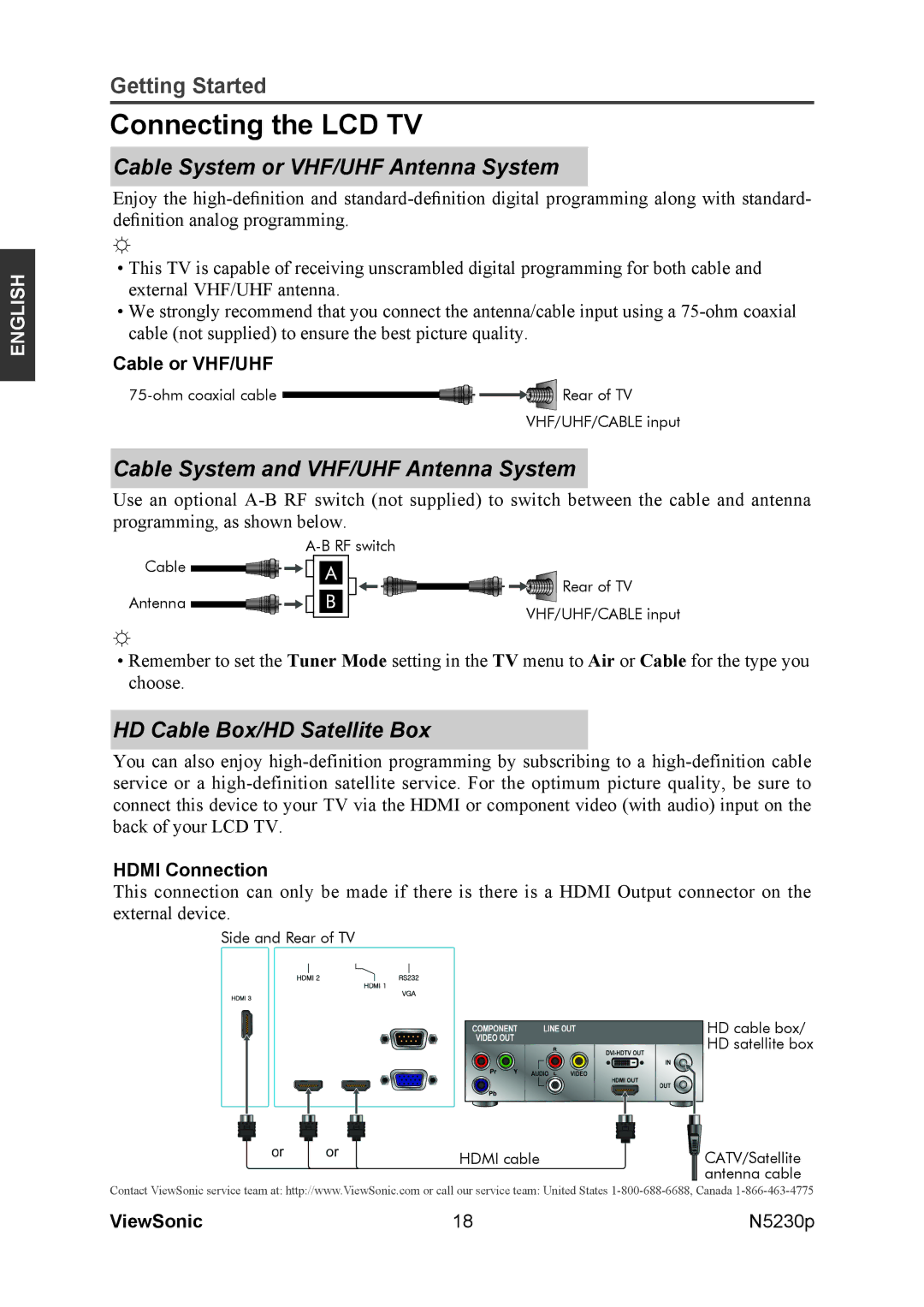 ViewSonic VS12117-1M warranty Connecting the LCD TV, Cable System or VHF/UHF Antenna System, HD Cable Box/HD Satellite Box 