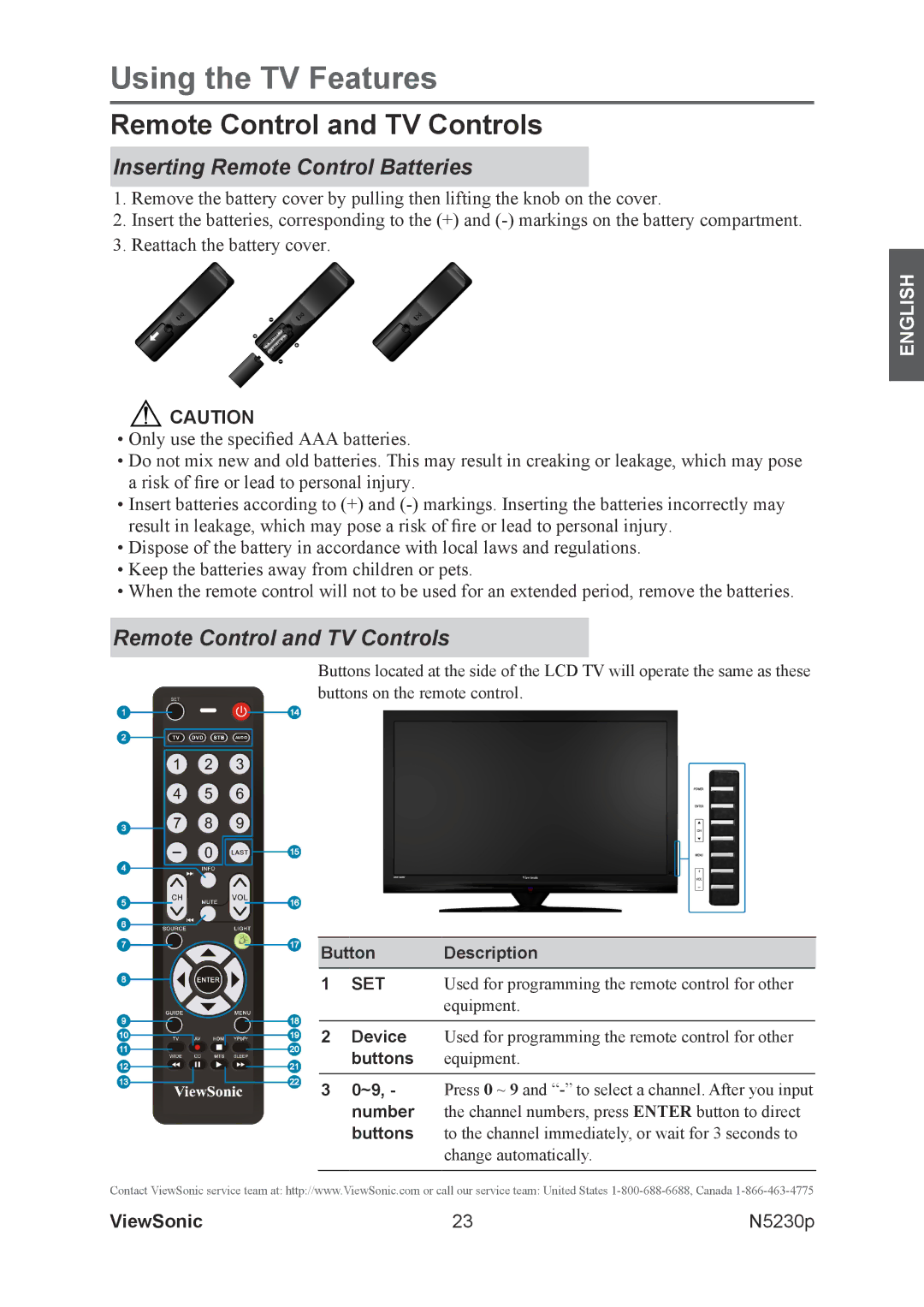 ViewSonic VS12117-1M warranty Remote Control and TV Controls, Inserting Remote Control Batteries 