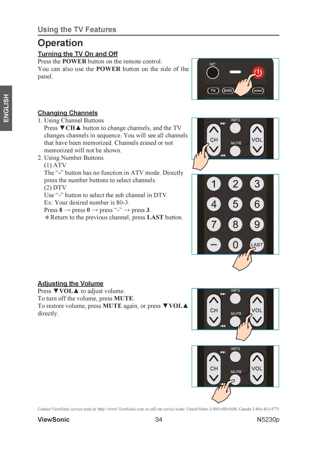 ViewSonic VS12117-1M warranty Operation, Turning the TV On and Off, Changing Channels, Adjusting the Volume 