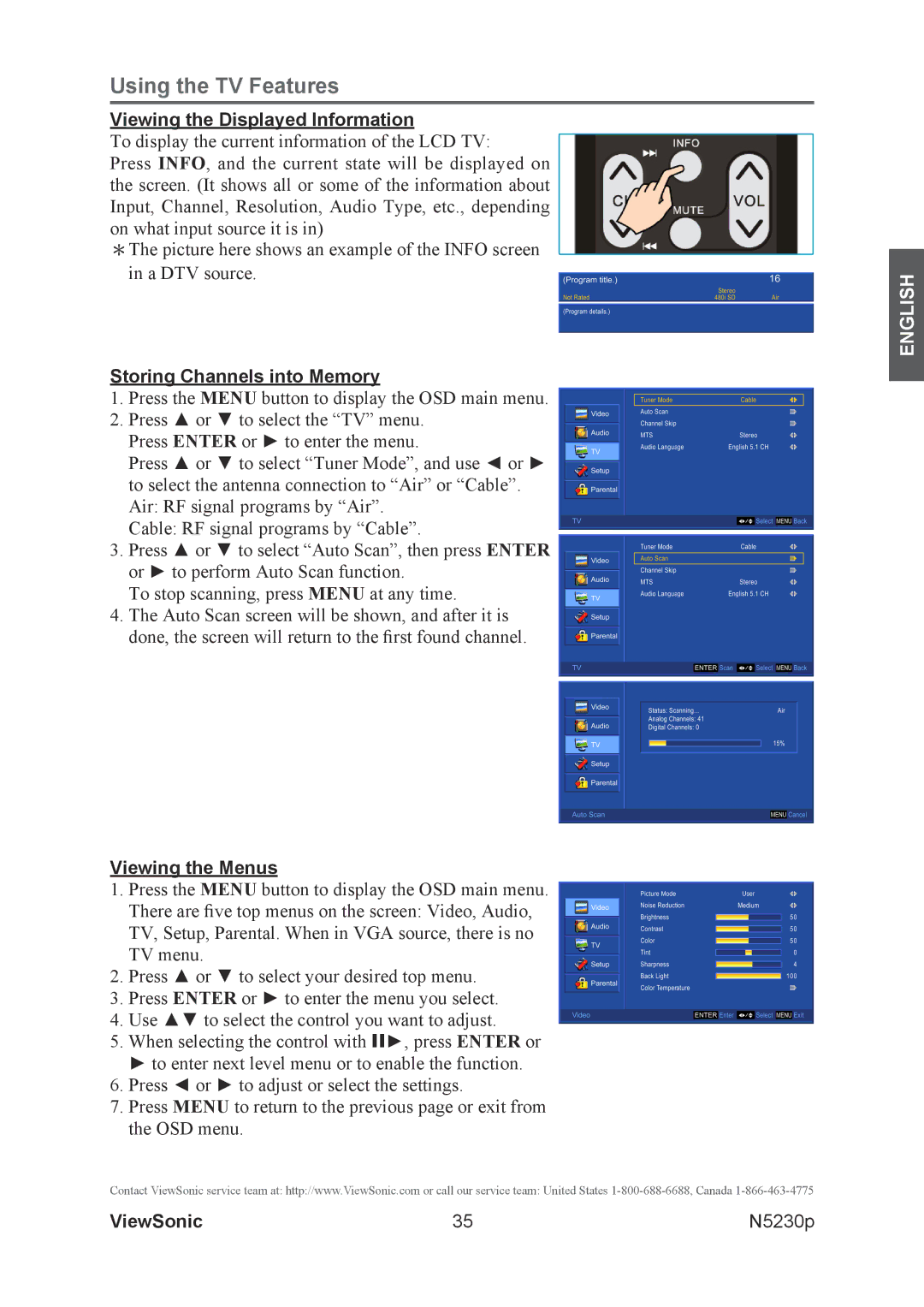 ViewSonic VS12117-1M warranty Viewing the Displayed Information, Storing Channels into Memory, Viewing the Menus 