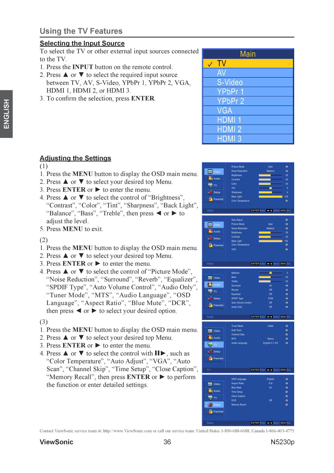 ViewSonic VS12117-1M warranty Selecting the Input Source, Adjusting the Settings 