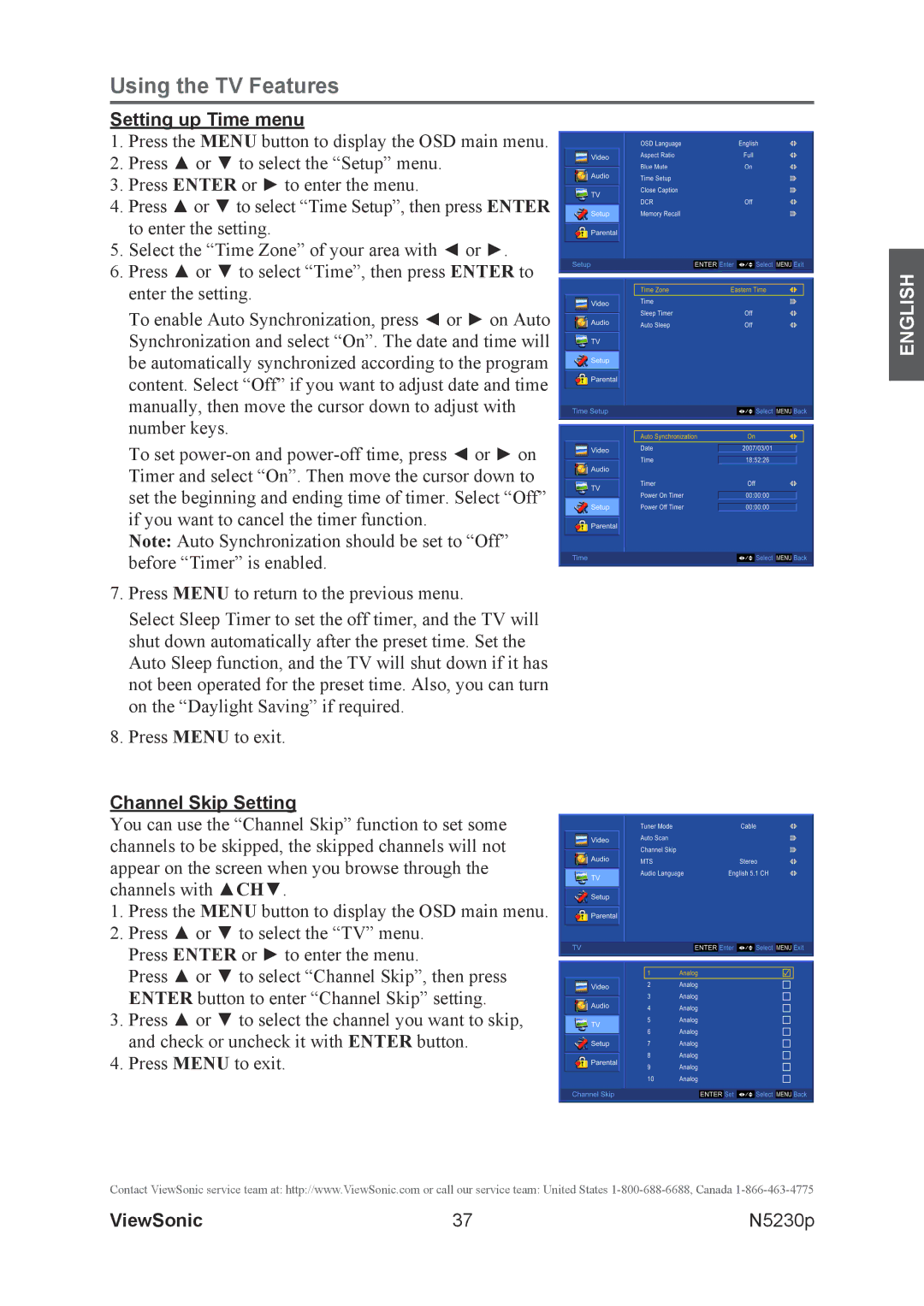 ViewSonic VS12117-1M warranty Setting up Time menu, Channel Skip Setting 