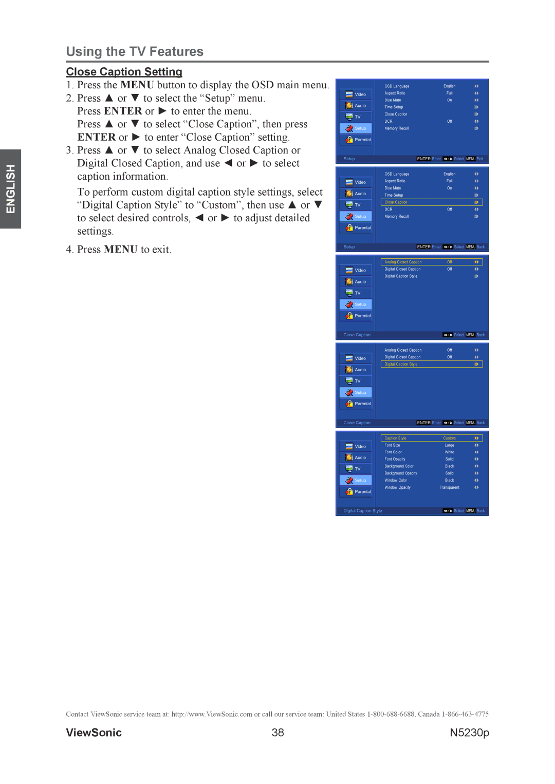 ViewSonic VS12117-1M warranty Close Caption Setting 