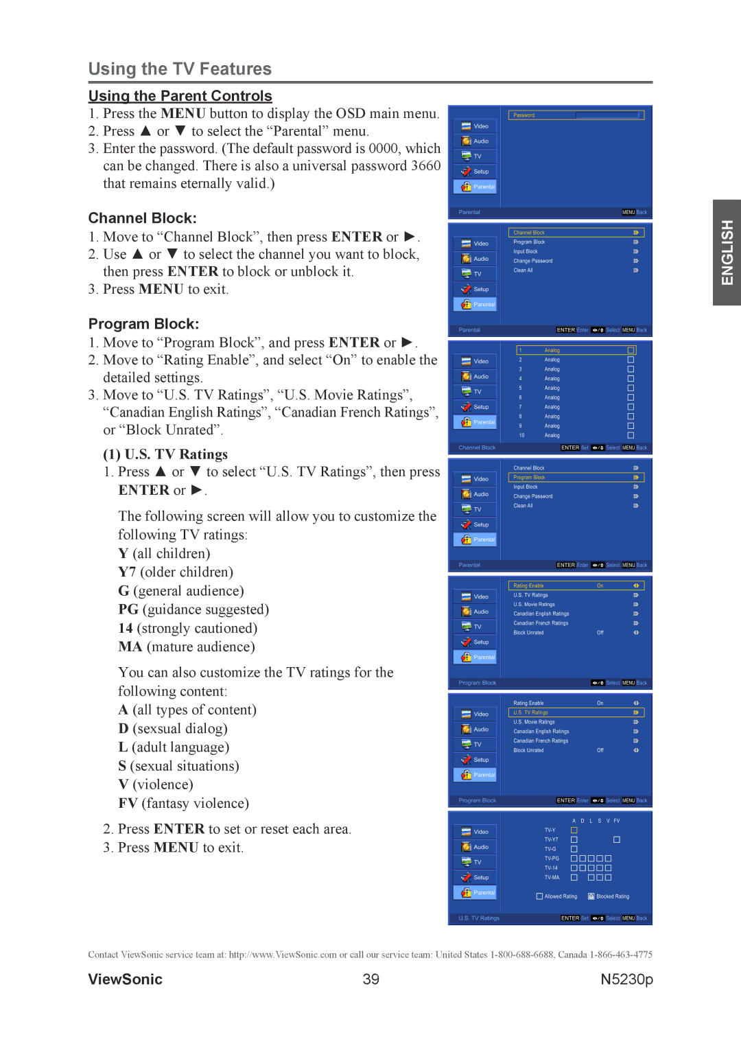 ViewSonic VS12117-1M warranty Using the Parent Controls, Channel Block, Program Block, S. TV Ratings, Enter or 