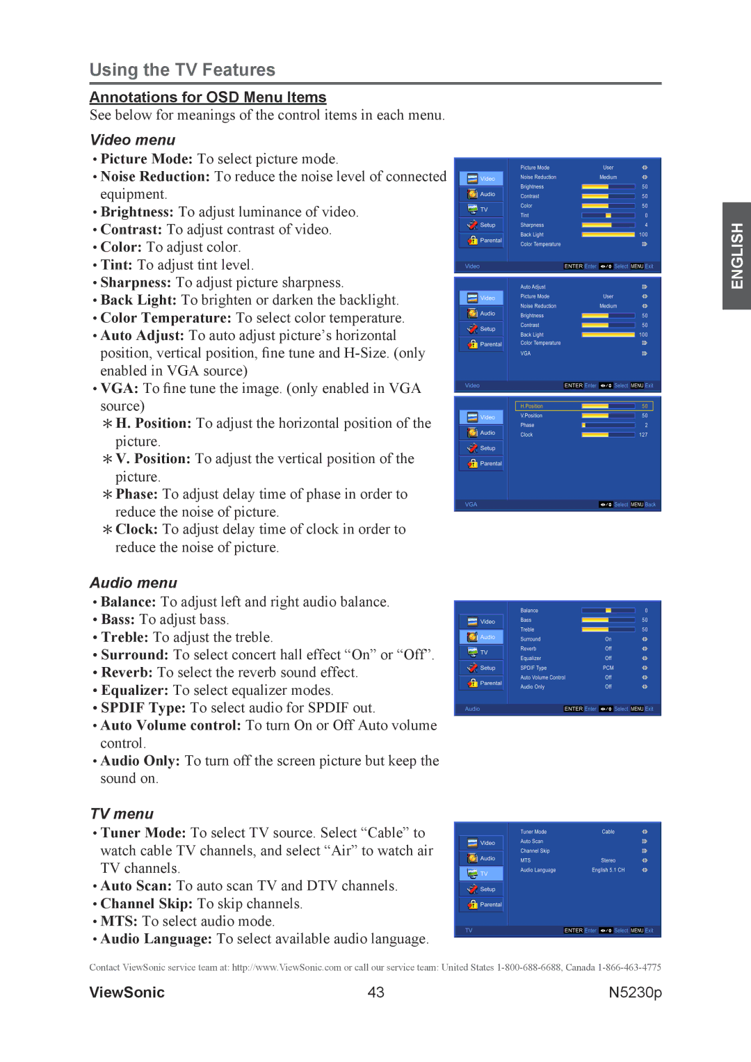 ViewSonic VS12117-1M warranty Annotations for OSD Menu Items, Video menu 