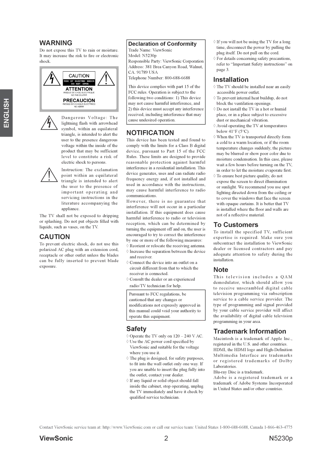 ViewSonic VS12117-1M warranty Notification, Safety, Installation, To Customers, Trademark Information 