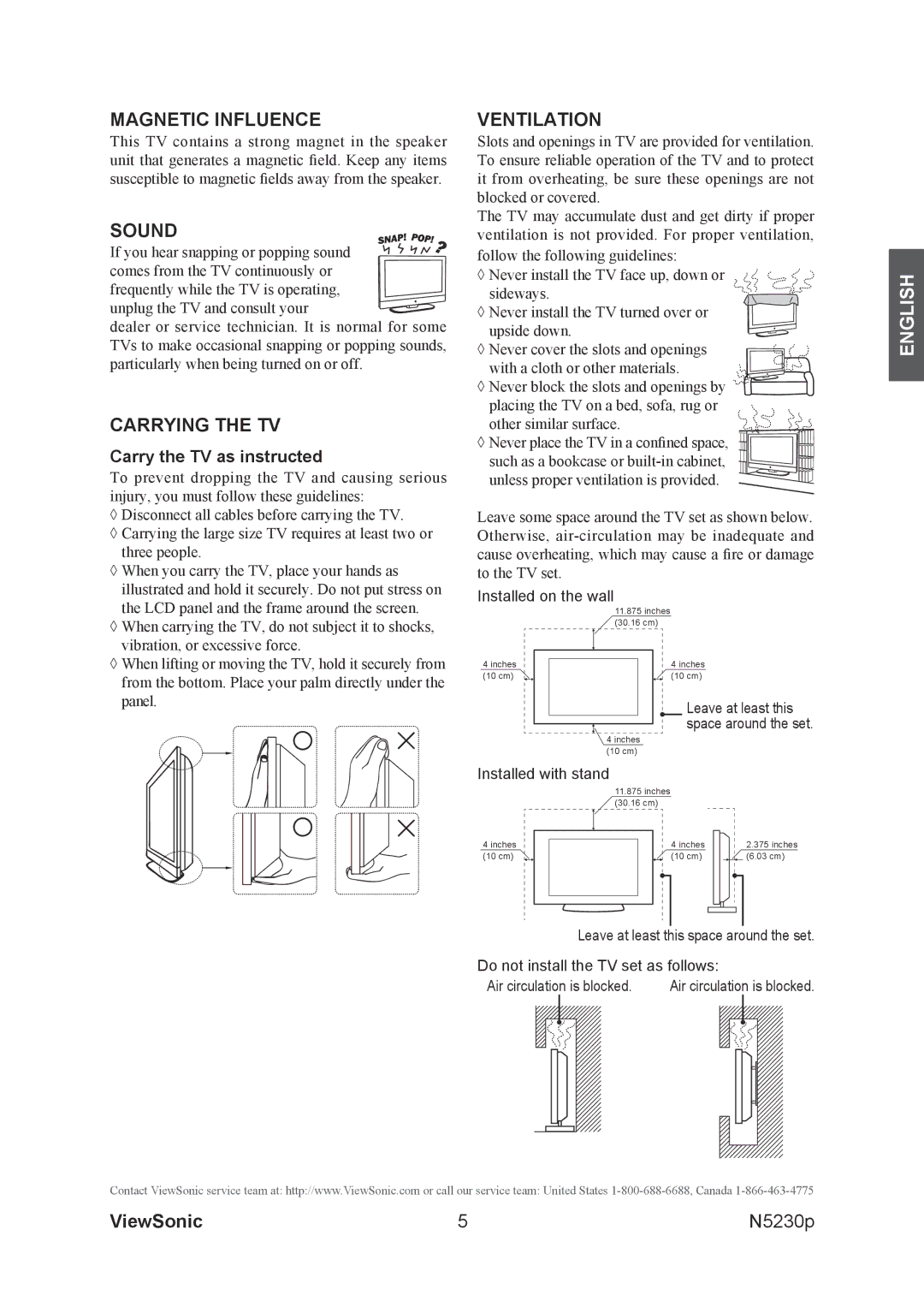 ViewSonic VS12117-1M warranty Magnetic Influence, Sound, Carrying the TV, Ventilation, Carry the TV as instructed 