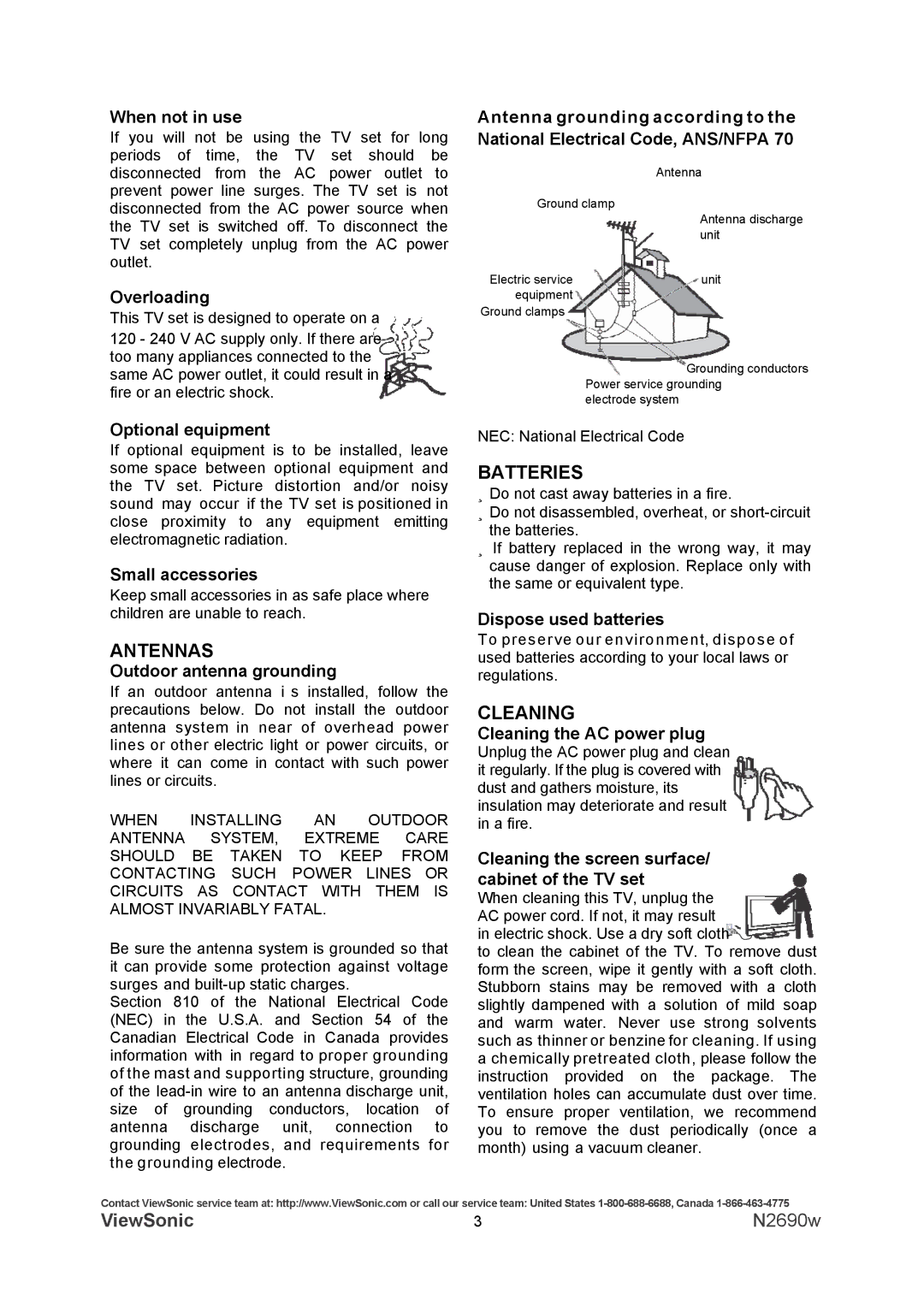 ViewSonic VS12119-1M warranty Antennas, Batteries, Cleaning 