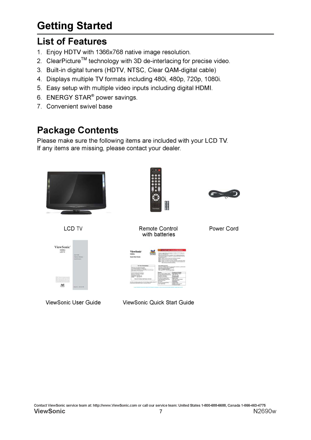 ViewSonic VS12119-1M warranty List of Features, Package Contents 