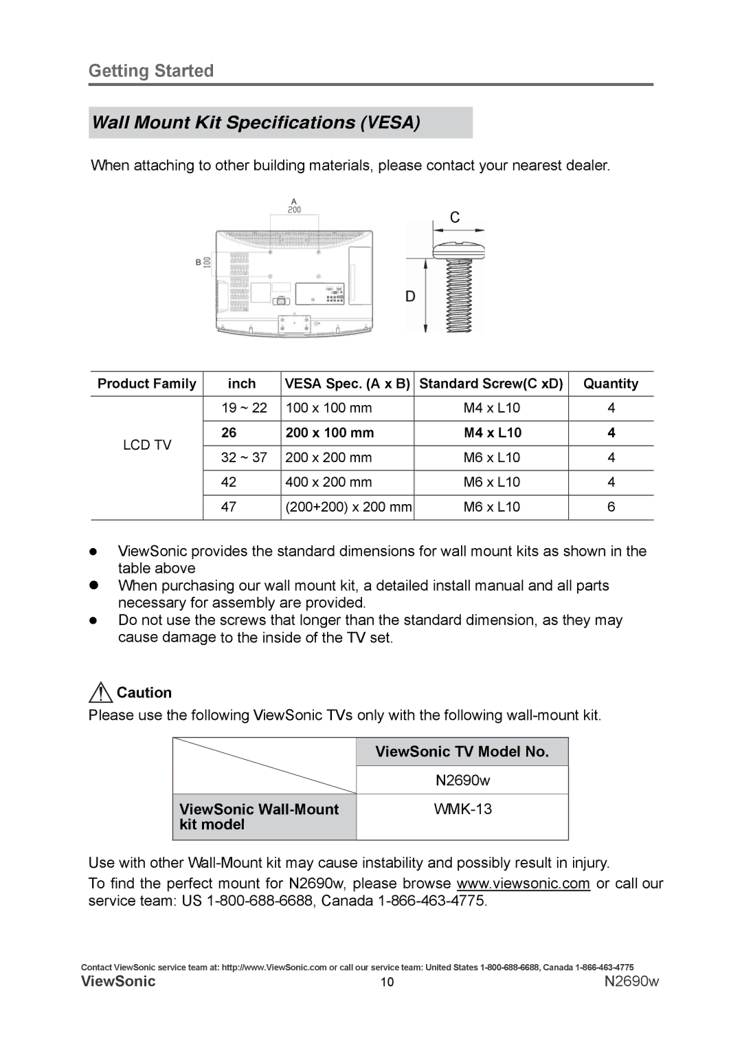 ViewSonic VS12119-1M Wall Mount Kit Speciﬁcations Vesa, ViewSonic Wall-Mount WMK-13 Kit model, 200 x 100 mm M4 x L10 