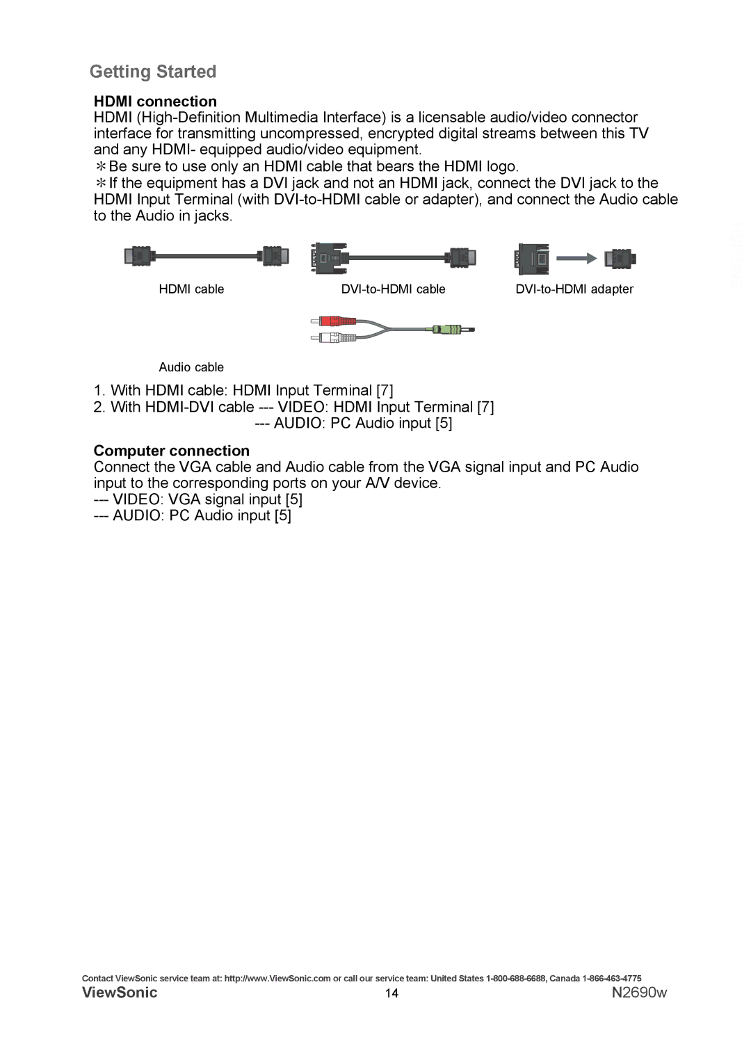 ViewSonic VS12119-1M warranty Hdmi connection, Computer connection 