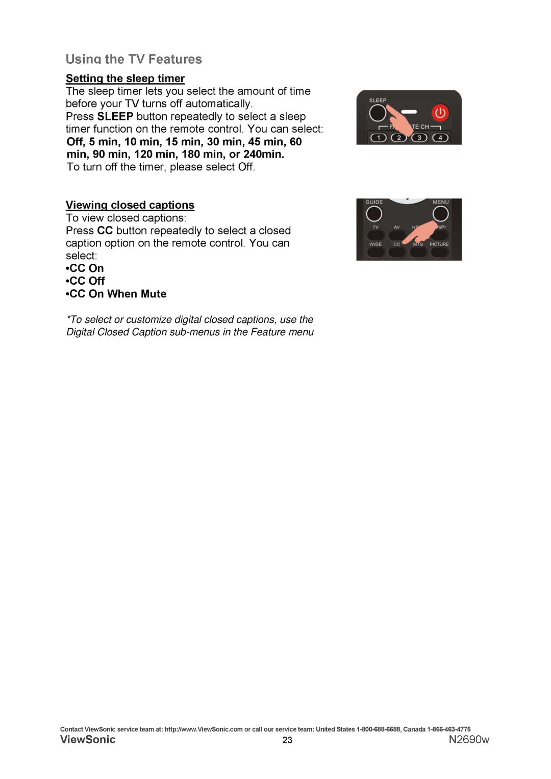 ViewSonic VS12119-1M warranty Setting the sleep timer, Viewing closed captions, CC On CC Off CC On When Mute 