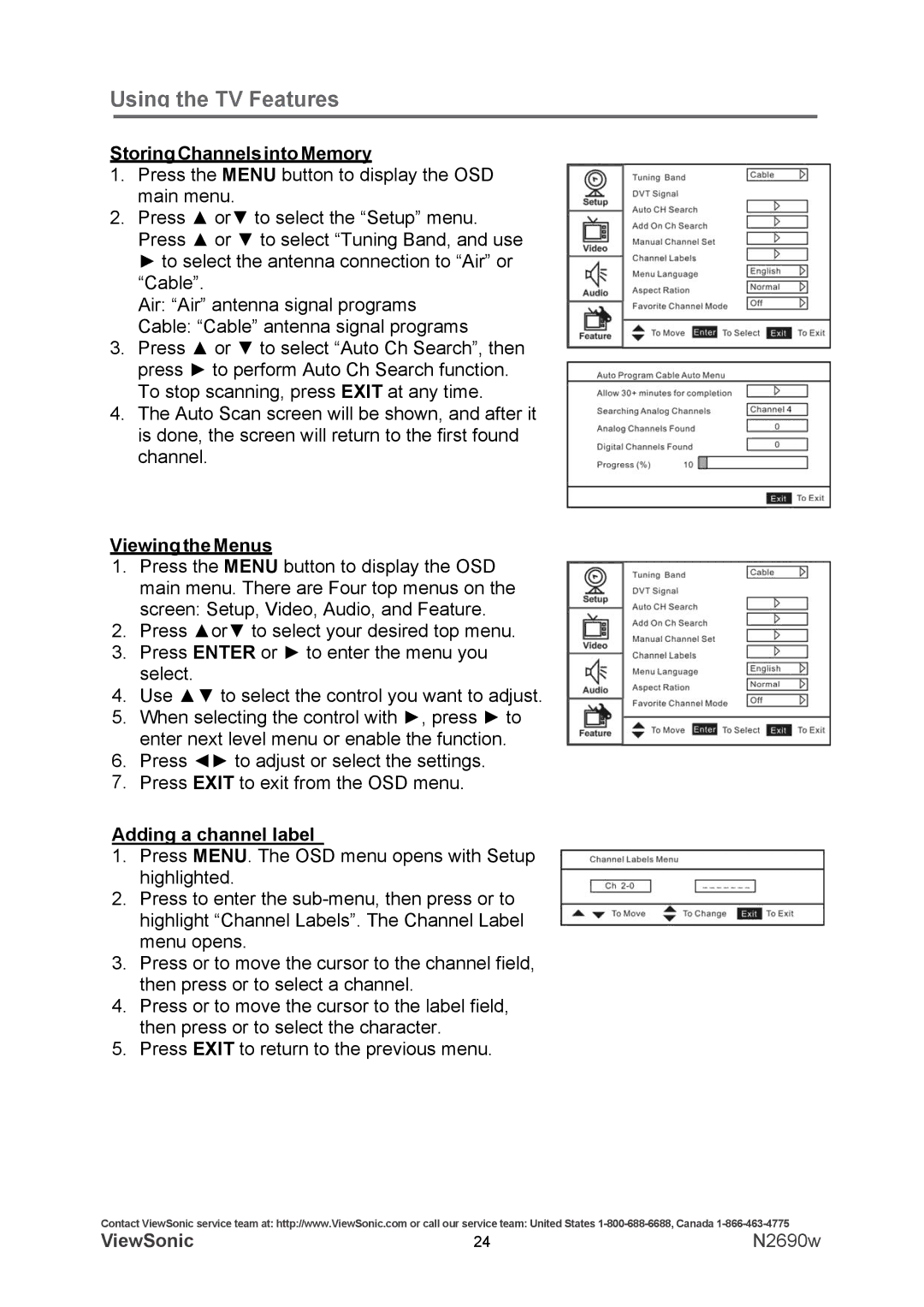 ViewSonic VS12119-1M warranty Storing Channels into Memory, Viewing the Menus, Adding a channel label 