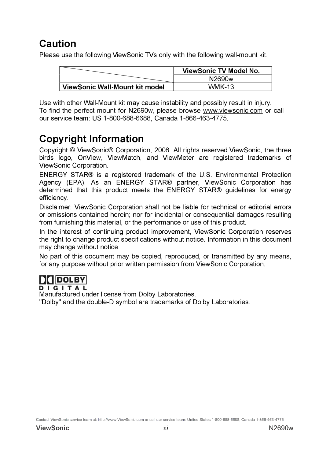 ViewSonic VS12119-1M warranty Copyright Information, ViewSonic TV Model No, ViewSonic Wall-Mount kit model WMK-13 