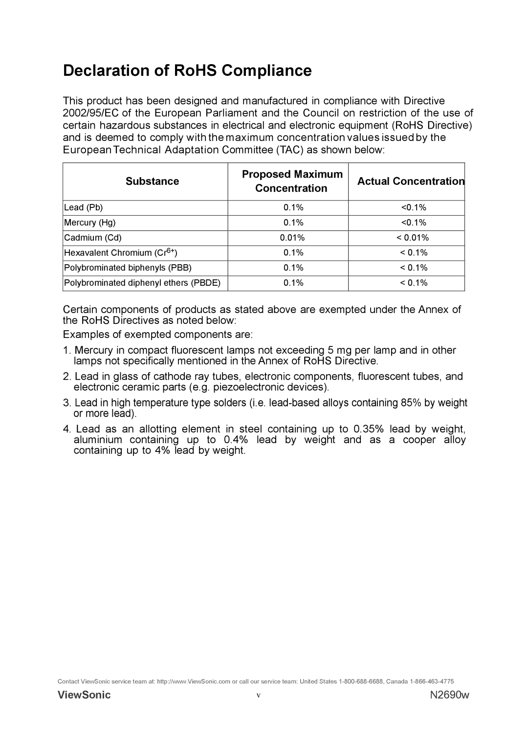 ViewSonic VS12119-1M warranty Declaration of RoHS Compliance, Substance Proposed Maximum Actual Concentration 