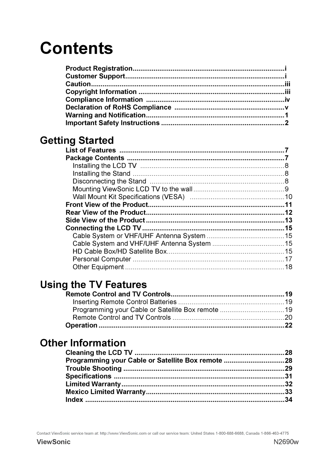 ViewSonic VS12119-1M warranty Contents 