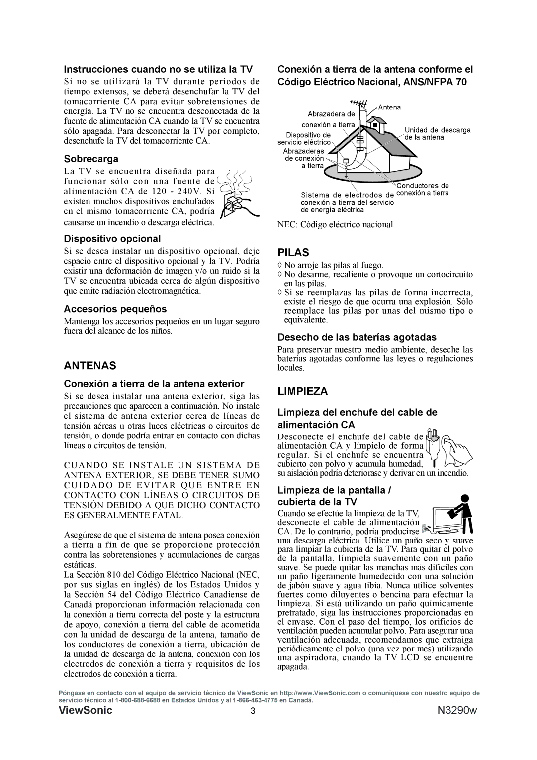 ViewSonic VS12120-1M warranty ANTENaS, PILaS, LIMpIEZa 