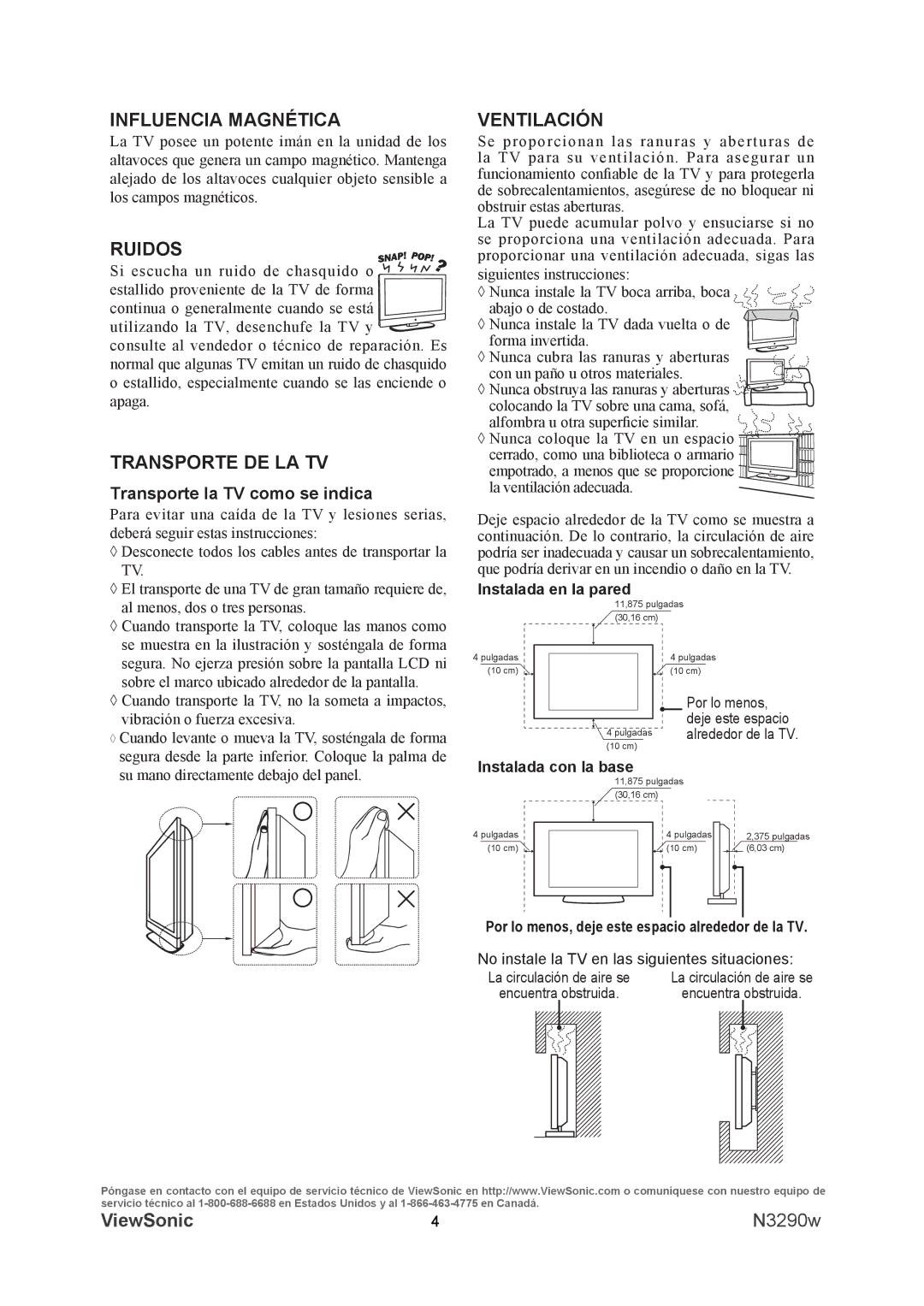 ViewSonic VS12120-1M warranty INFLUENCIa MaGNÉTICa, RUIDoS, TRaNSpoRTE DE La TV, VENTILaCIÓN 