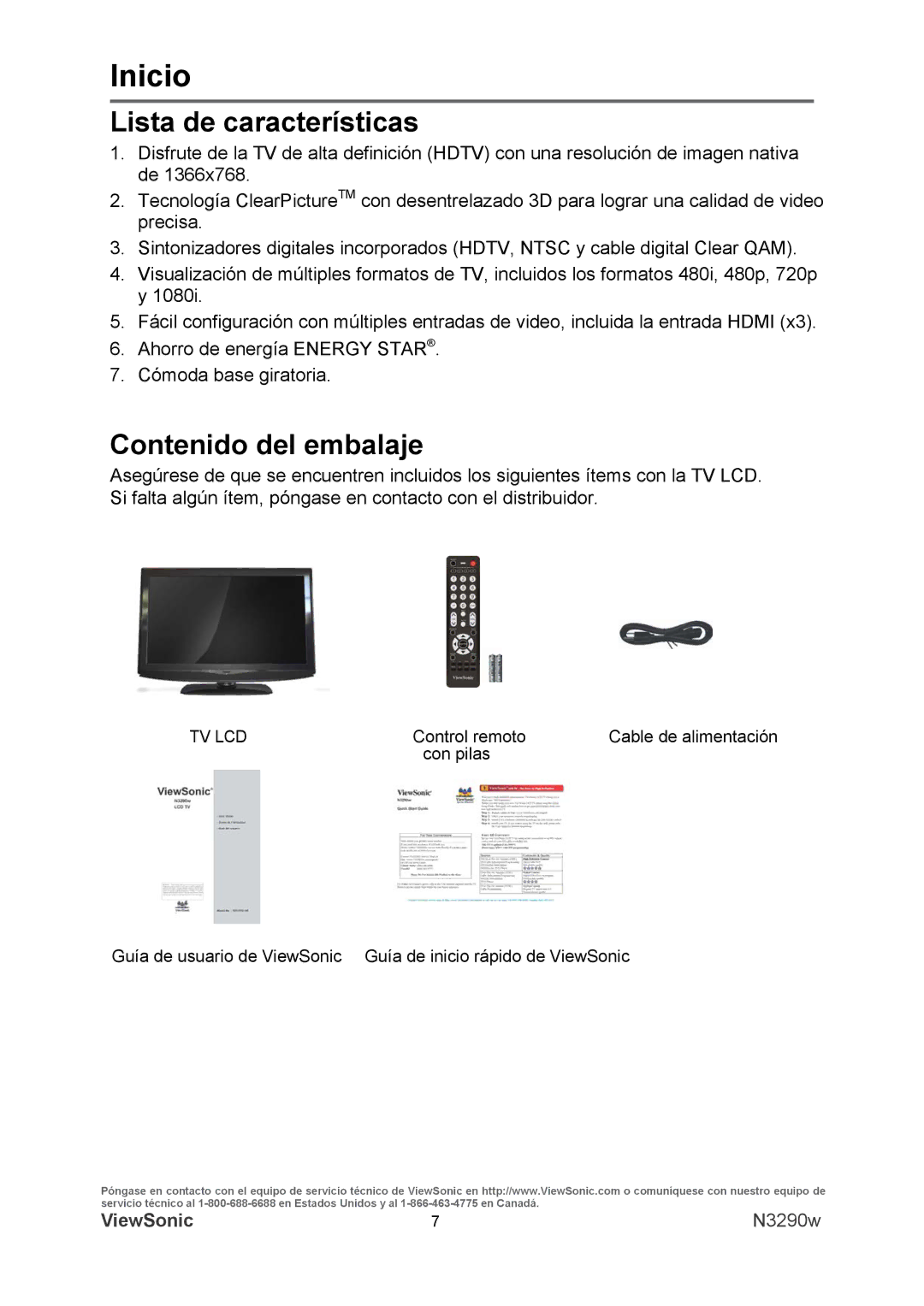 ViewSonic VS12120-1M warranty Lista de características, Contenido del embalaje 