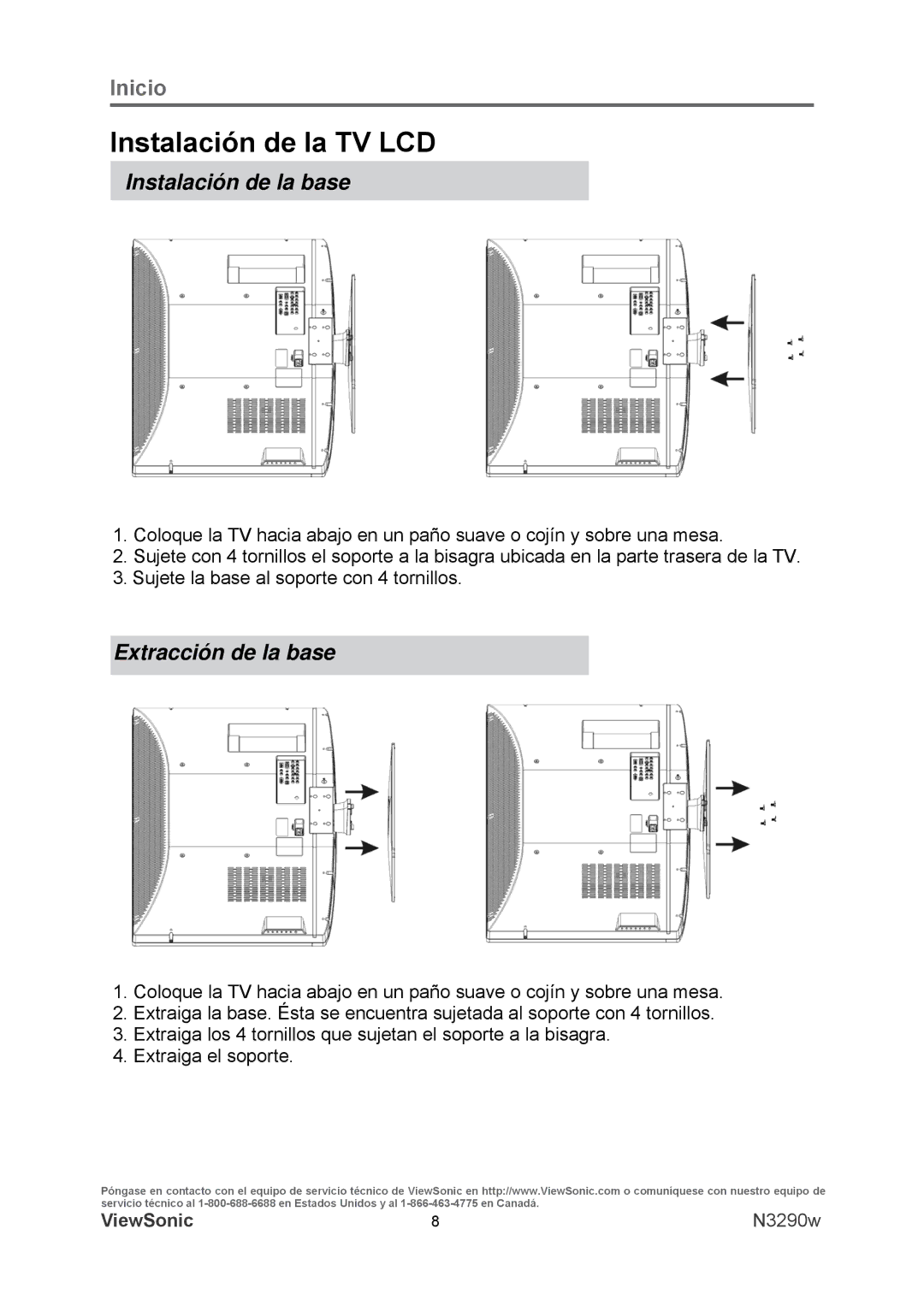 ViewSonic VS12120-1M warranty Instalación de la TV LCD, Instalación de la base, Extracción de la base 