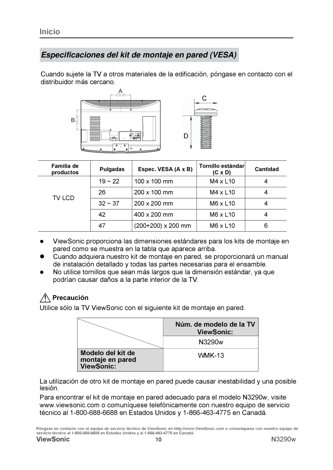 ViewSonic VS12120-1M warranty Especificaciones del kit de montaje en pared Vesa, Precaución 