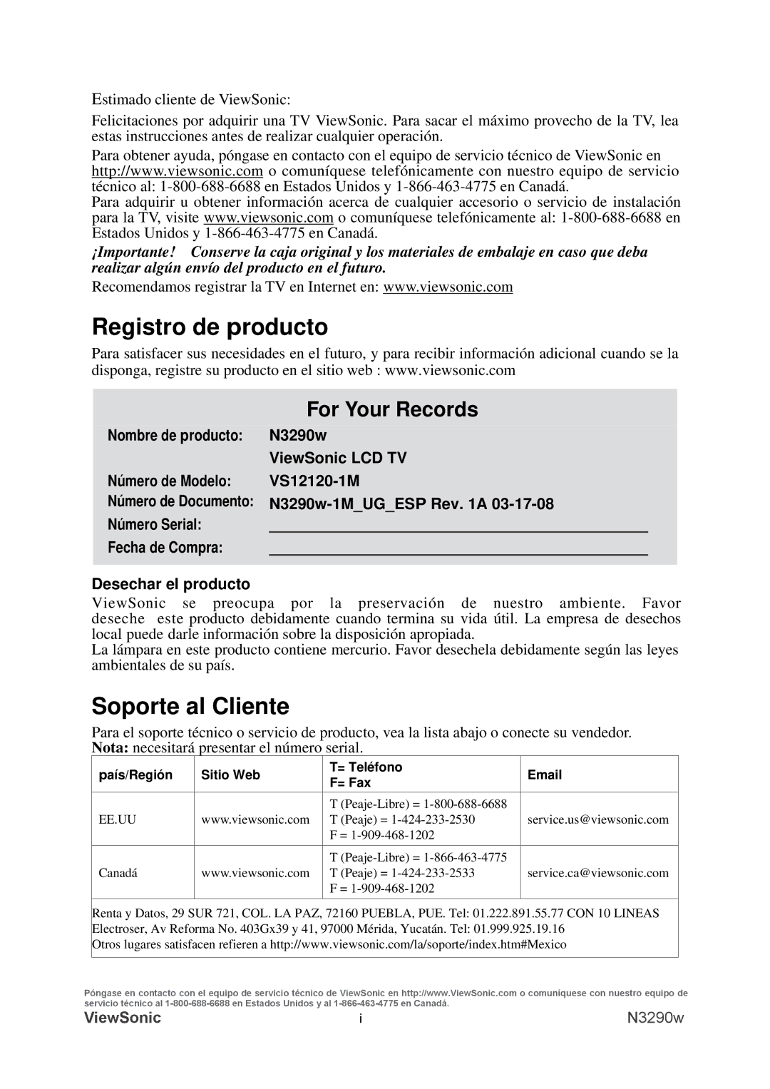 ViewSonic VS12120-1M warranty Registro de producto, Soporte al Cliente, N3290w-1MUGESP Rev a 