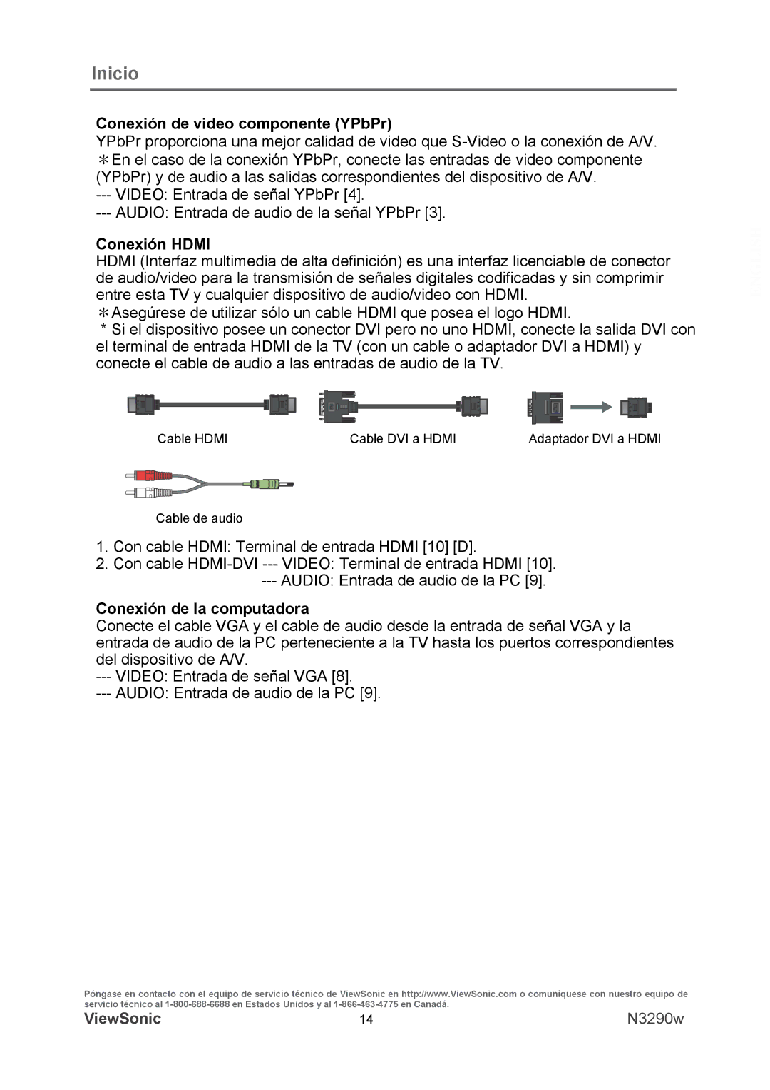 ViewSonic VS12120-1M warranty Conexión de video componente YPbPr, Conexión Hdmi, Conexión de la computadora 