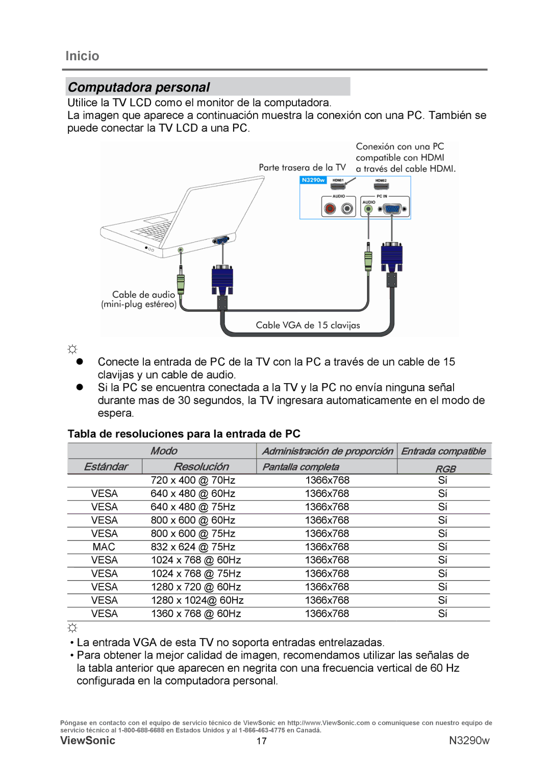 ViewSonic VS12120-1M warranty Computadora personal, Tabla de resoluciones para la entrada de PC 