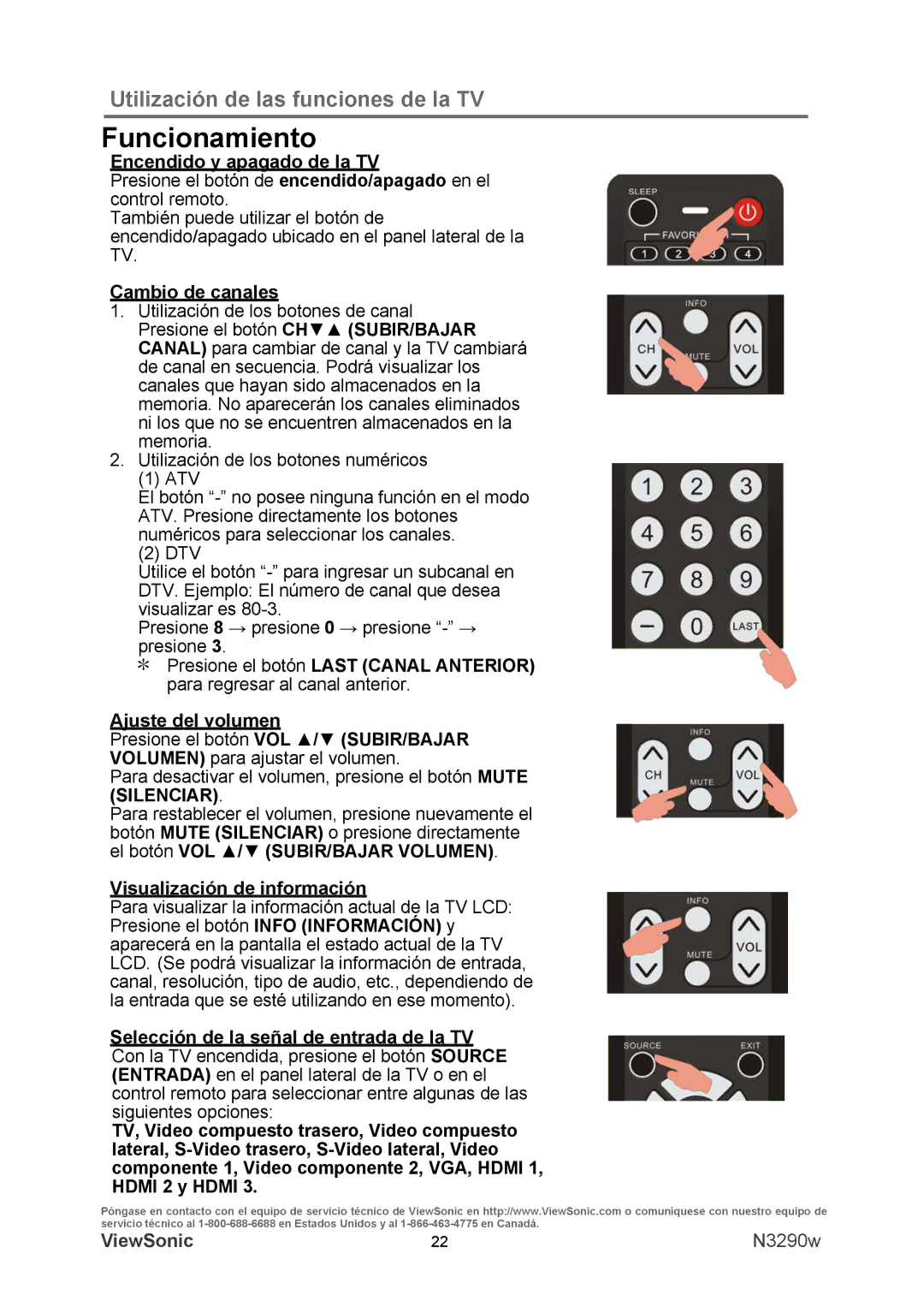 ViewSonic VS12120-1M warranty Funcionamiento, Encendido y apagado de la TV, Cambio de canales, Visualización de información 