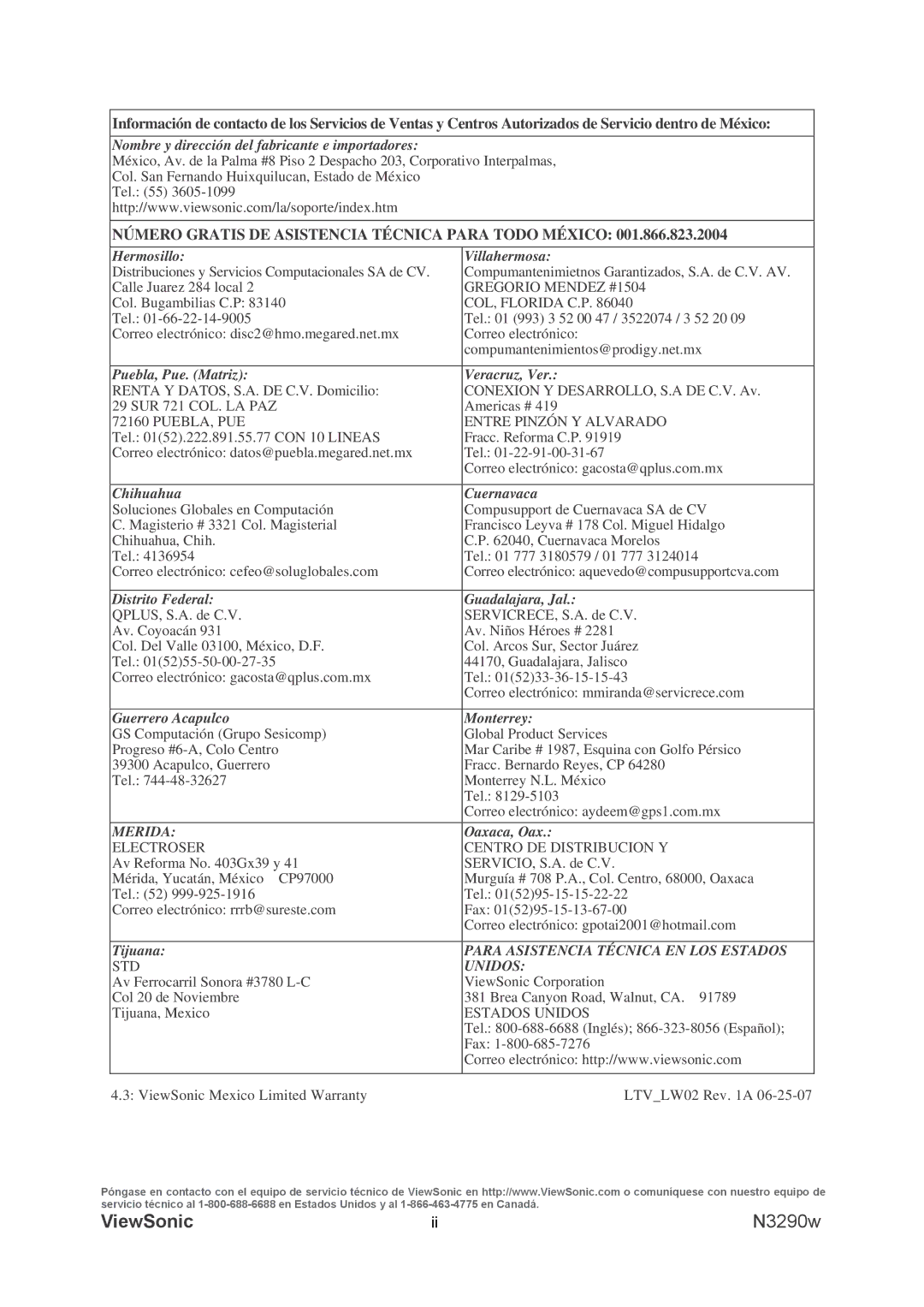 ViewSonic VS12120-1M warranty Para Asistencia Técnica EN LOS Estados 