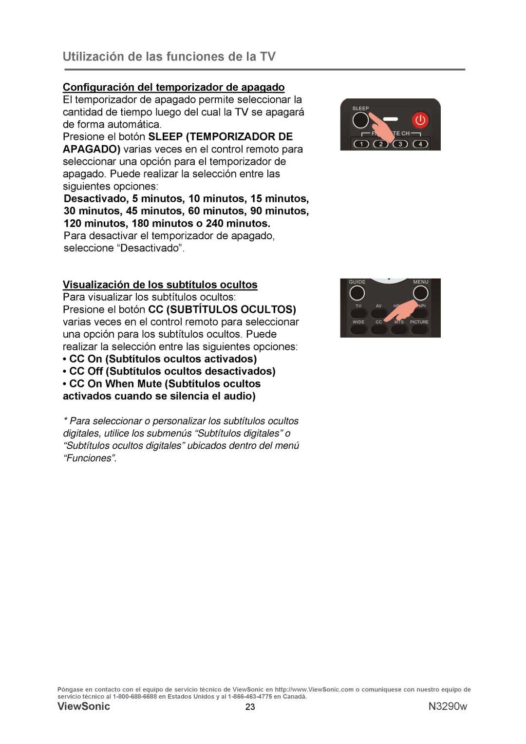 ViewSonic VS12120-1M warranty Configuración del temporizador de apagado, Visualización de los subtítulos ocultos 