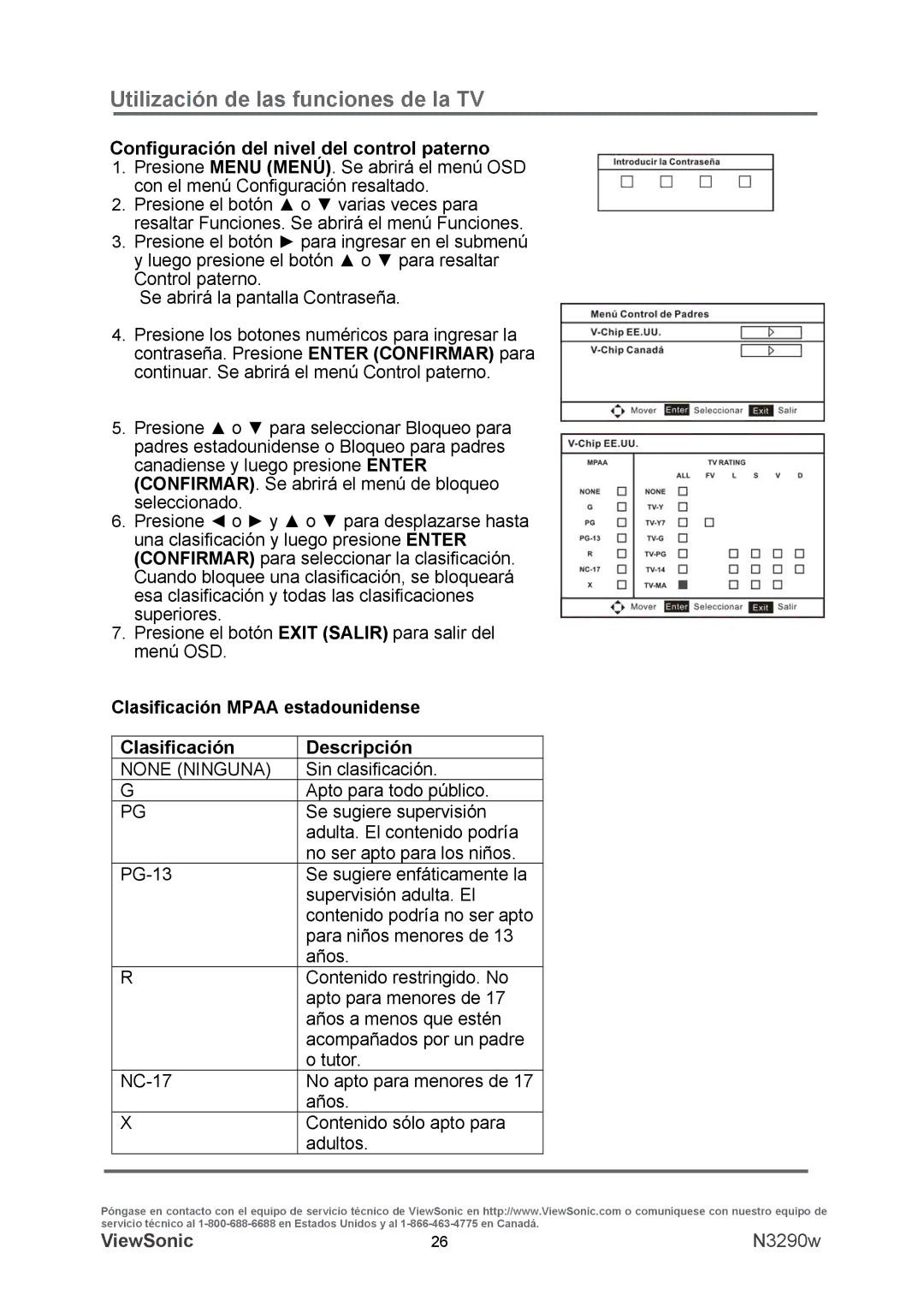 ViewSonic VS12120-1M warranty Configuración del nivel del control paterno, Clasificación Descripción 