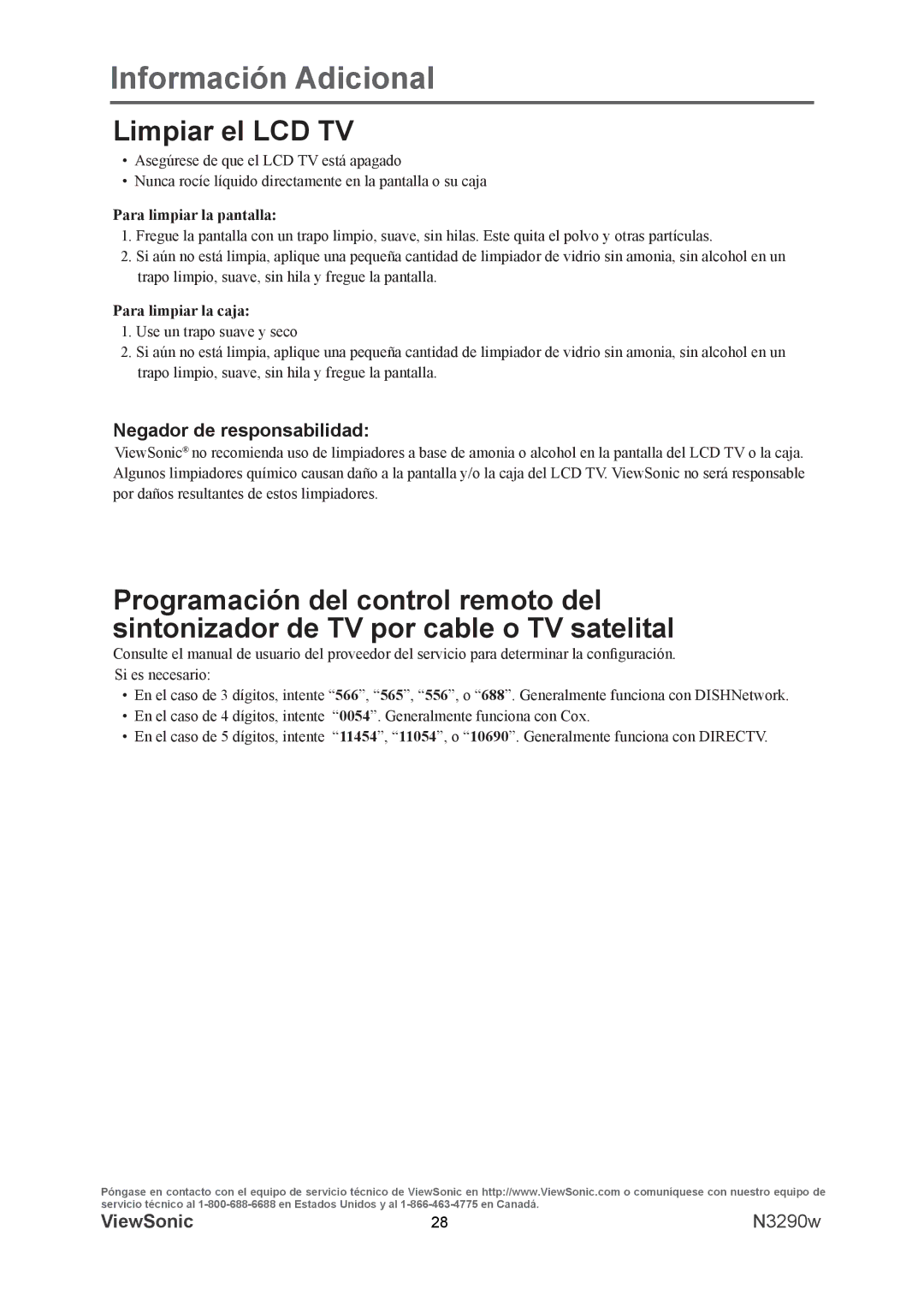 ViewSonic VS12120-1M warranty Limpiar el LCD TV, Negador de responsabilidad 