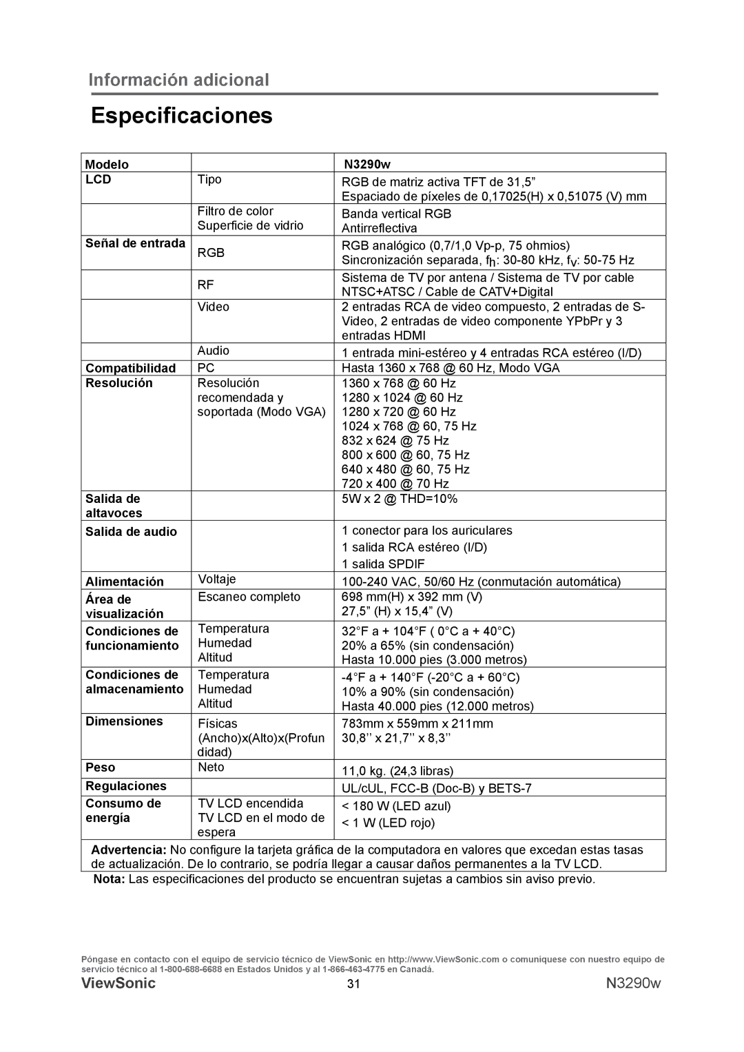 ViewSonic VS12120-1M warranty Especificaciones, Lcd 