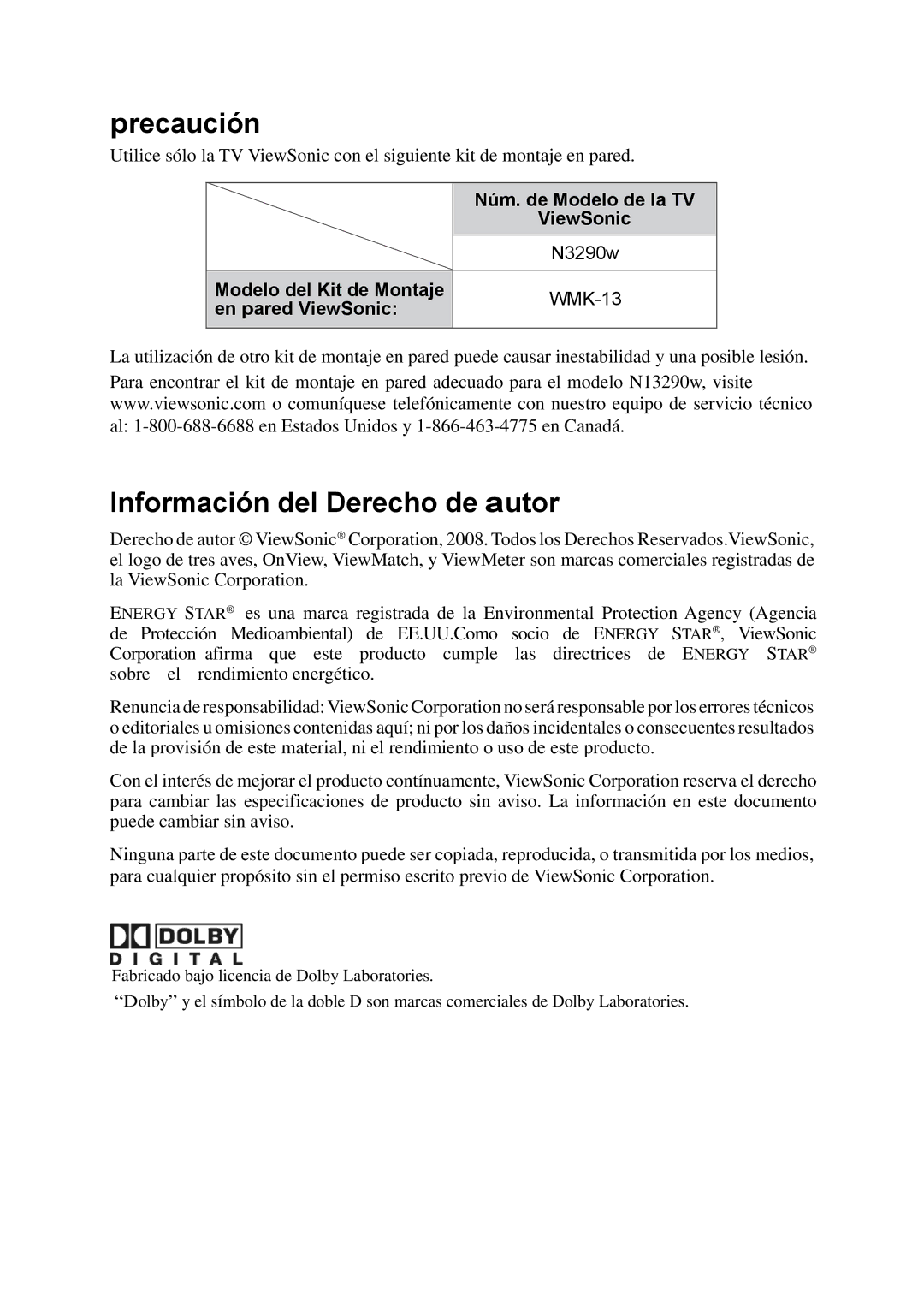 ViewSonic VS12120-1M warranty Precaución, Información del Derecho de autor, Núm. de Modelo de la TV 