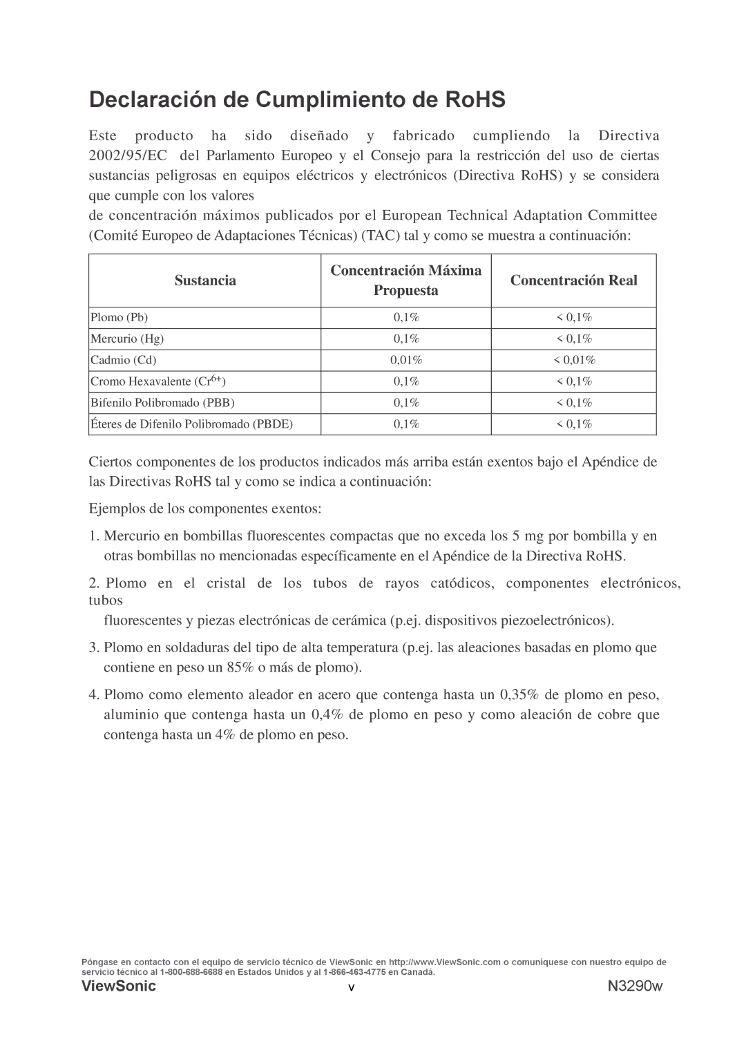 ViewSonic VS12120-1M warranty Declaración de Cumplimiento de RoHS 