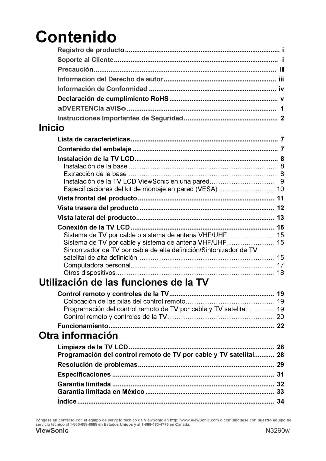 ViewSonic VS12120-1M warranty Inicio, Utilización de las funciones de la TV, Otra información 